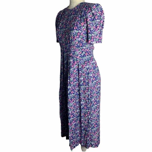 Vintage Floral Pleated Midi Dress Blue Cottagecore - Picture 5 of 10